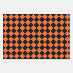 Orange Black Harlequin Diamond Chequered Pattern Wrapping Paper Sheet