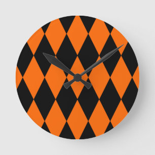 Orange Black Harlequin Diamonds Checkers Design Round Clock