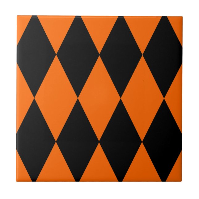 Orange Black Harlequin Diamonds Checkers Design  Tile (Front)