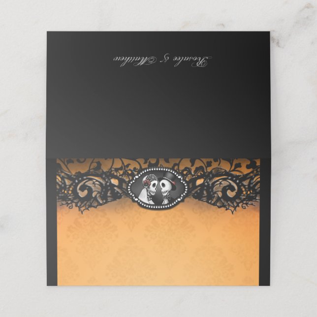 Orange Black Lace Elegant Wedding Skeletons Place Card (Outside Unfolded)