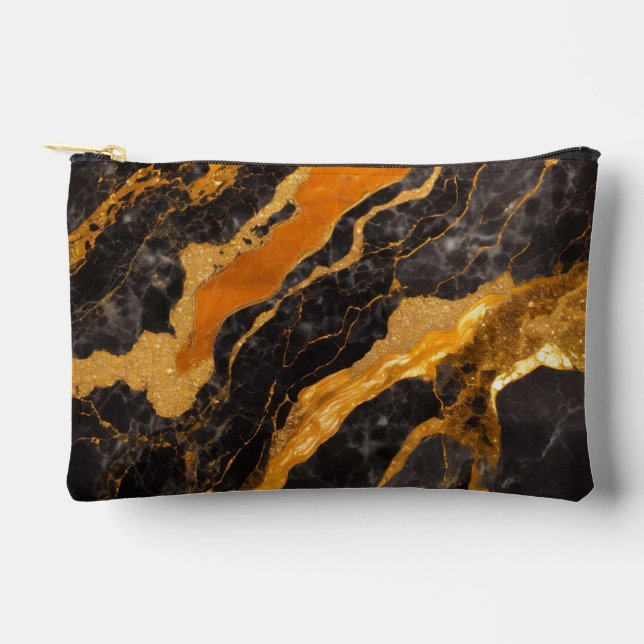 Orange Black Marble Pattern with Gold Accessory Pouch (Front)