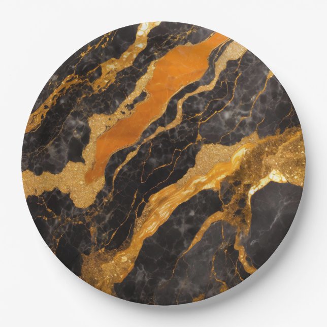 Orange Black Marble Pattern with Gold Paper Plate (Front)