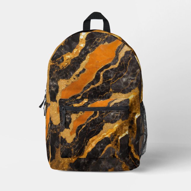 Orange Black Marble Pattern with Gold Printed Backpack (Front)