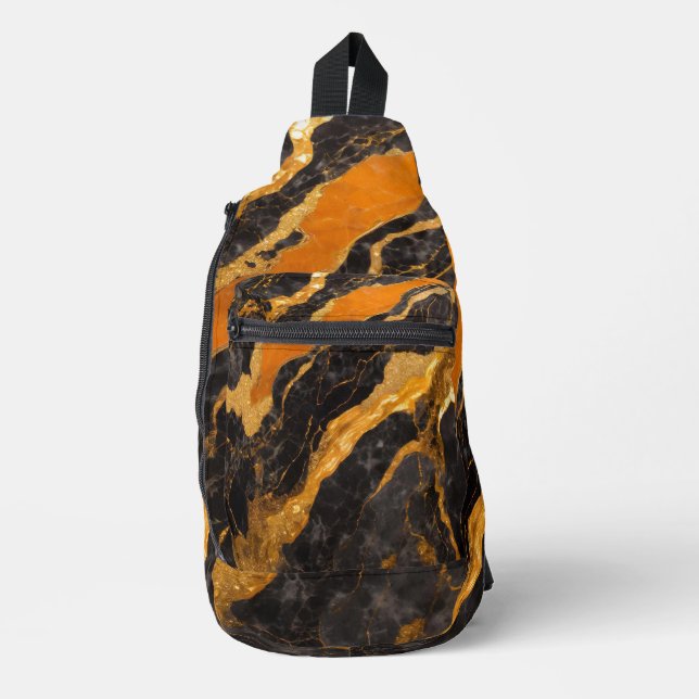 Orange Black Marble Pattern with Gold Sling Bag (Front)