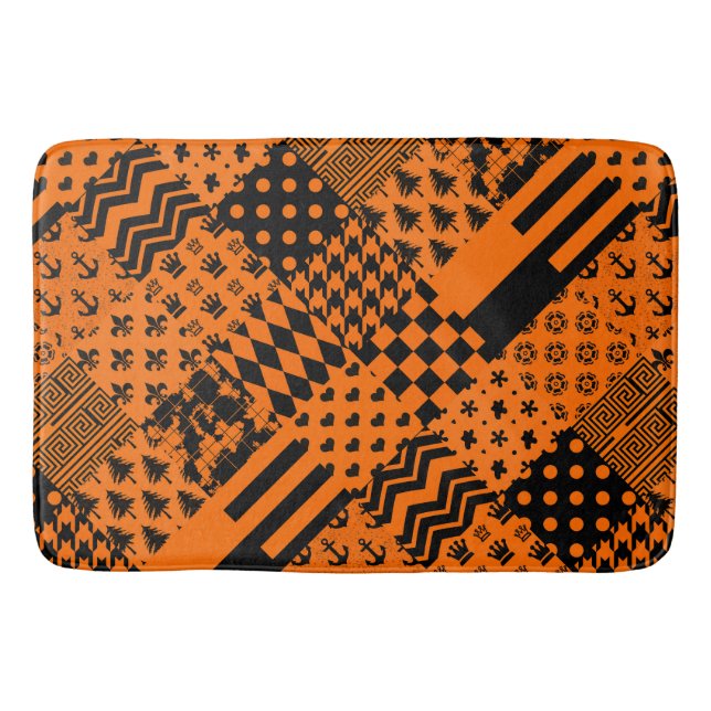 Orange Black Mixed Patterns Patchwork Design  Bath Mat (Front)