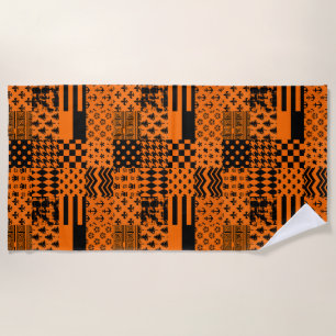 Orange Black Mixed Patterns Patchwork Design  Beach Towel