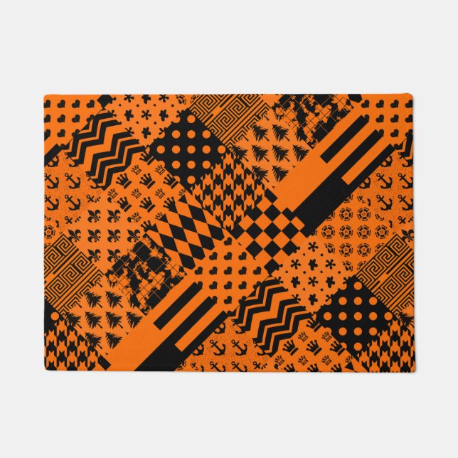 Orange Black Mixed Patterns Patchwork Design  Doormat (Front)