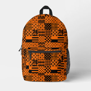 Orange Black Mixed Patterns Patchwork Design  Printed Backpack
