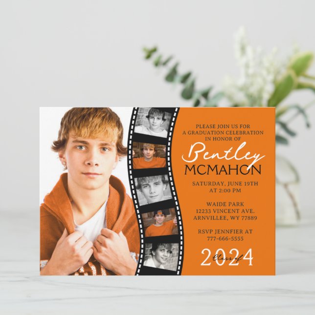 Orange & Black Modern Filmstrip 6 Photo Graduation Invitation (Standing Front)
