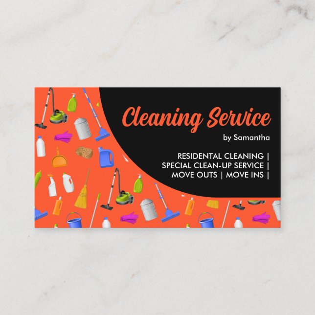 Orange Black Modern House Cleaning Service Business Card (Front)