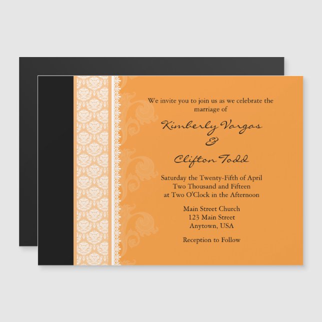 Orange Black Modern Magnetic Wedding Invitation (Front/Back)