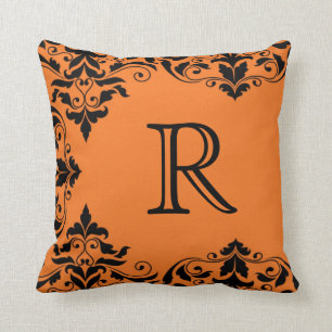 Orange & Black Monogram Damask Pillow