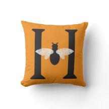 Orange Black Monogram 'H' Honey Bee Throw Pillow