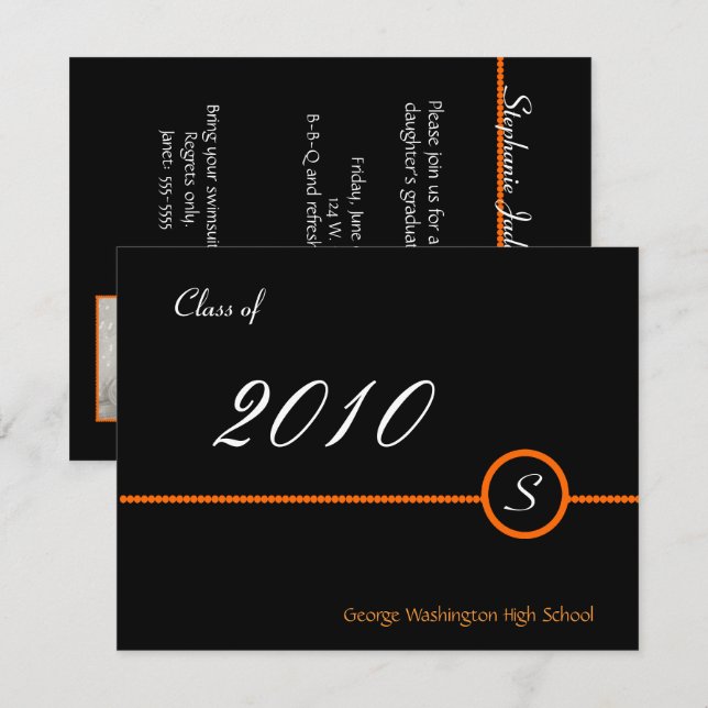 Orange & Black Monogram Photo Invitation (Front/Back)
