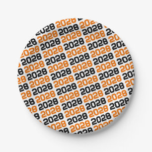 Orange & Black on White Repeating Class Year Paper Plate