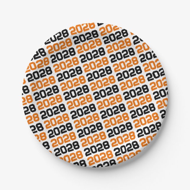 Orange & Black on White Repeating Class Year Paper Plate (Front)