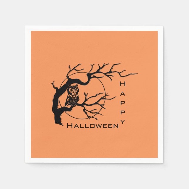 Orange & Black Owl Happy Halloween Paper Napkins (Front)