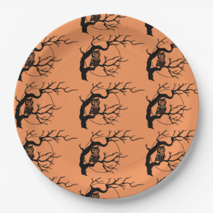 Orange & Black Owls Halloween Party Paper Plates