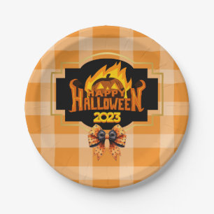 ORANGE & BLACK PATTERN ILLUSTRATION HALLOWEEN PAPER PLATE
