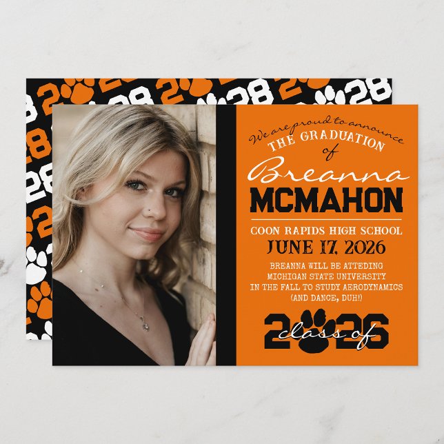 Orange & Black Paw Print Graduation Announcement (Repeating Class Year 1 & 2 Photo Graduation Invitations & Announcements (Paw Print Version))