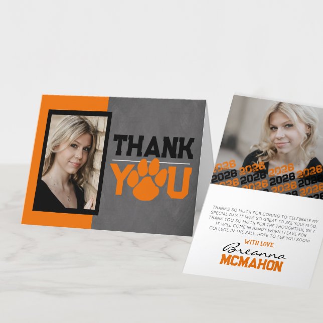 Orange & Black Pawprint Graduation Folding 2 Photo Thank You Card (Creator Uploaded)