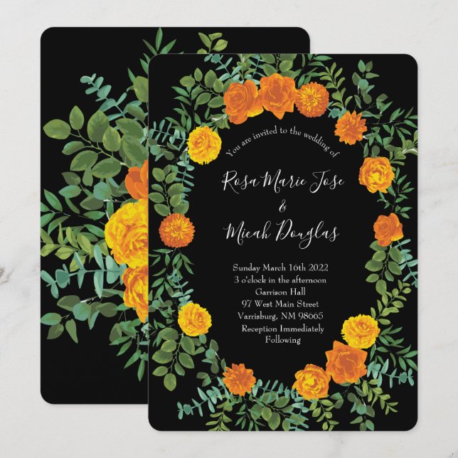 Orange Black Peony Rose Floral Wedding Invitation (Front/Back)
