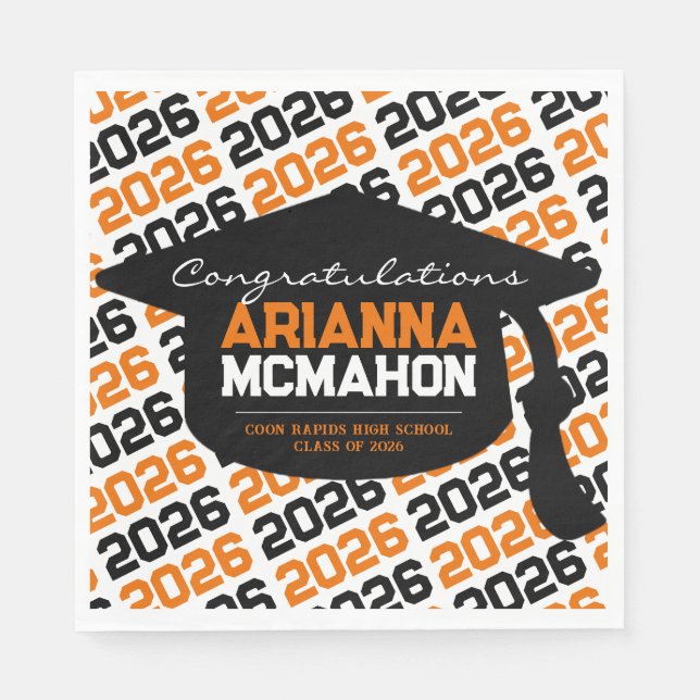 Orange & Black Personalised Graduation Cap Paper Napkin (Front)