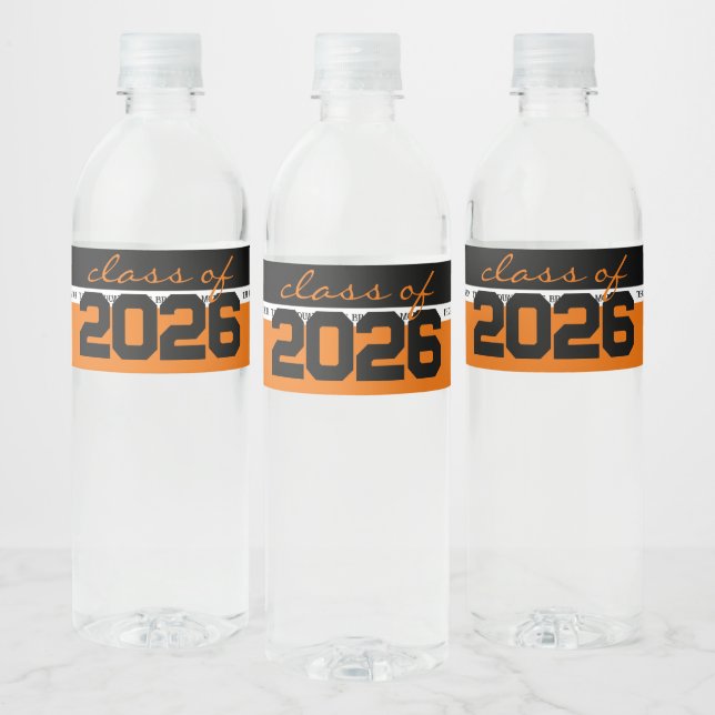 Orange & Black Personalised Graduation Water Bottle Label (Bottles)