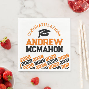 Orange & Black Personalized Graduation Party Paper Napkin