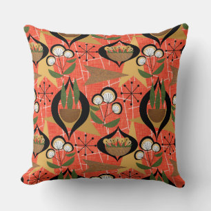 Orange, Black, Plants   Atomic   Mid-Century Cushion