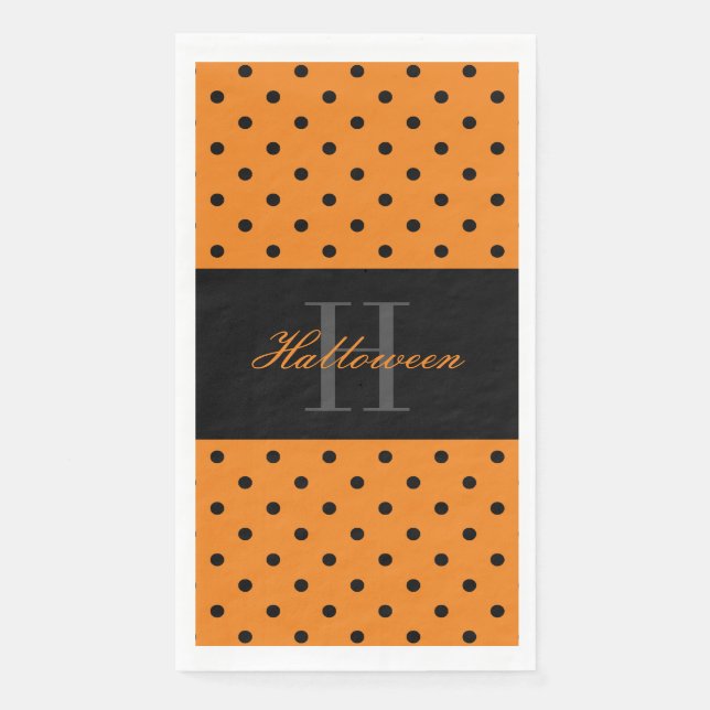 Orange black polka dots custom monogram Halloween Napkin (Front)