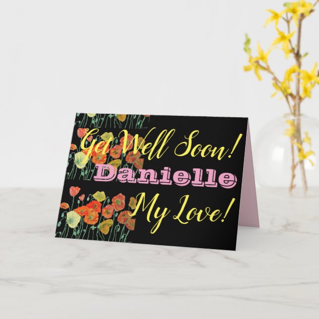 Orange Black Poppy Get Well Soon Lady Name Card (Yellow Flower)