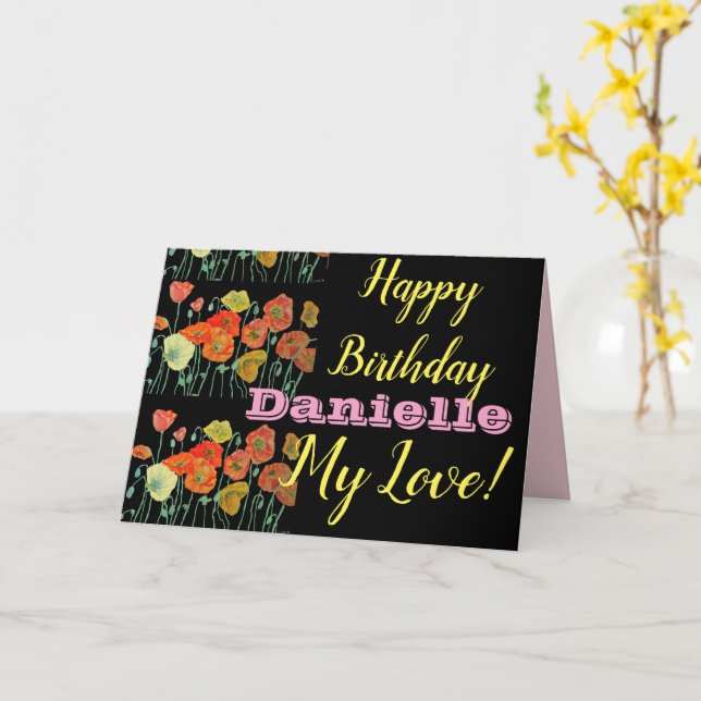 Orange Black Poppy Happy Birthday Ladies Name Card (Yellow Flower)