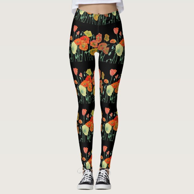 Orange & Black Poppy Poppies Floral Art Leggings (Front)