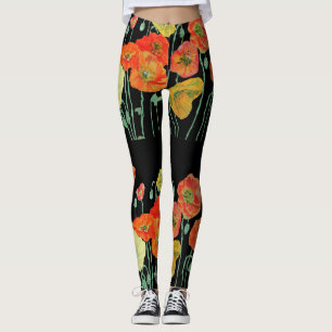 Orange & Black Poppy Poppies Floral Art Leggings