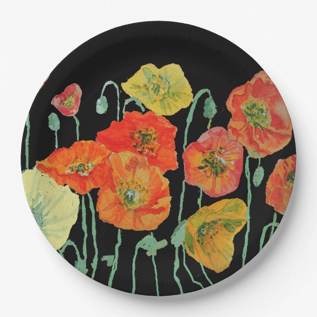Orange Black Poppy Poppies Flower Floral Pattern Paper Plate (Front)