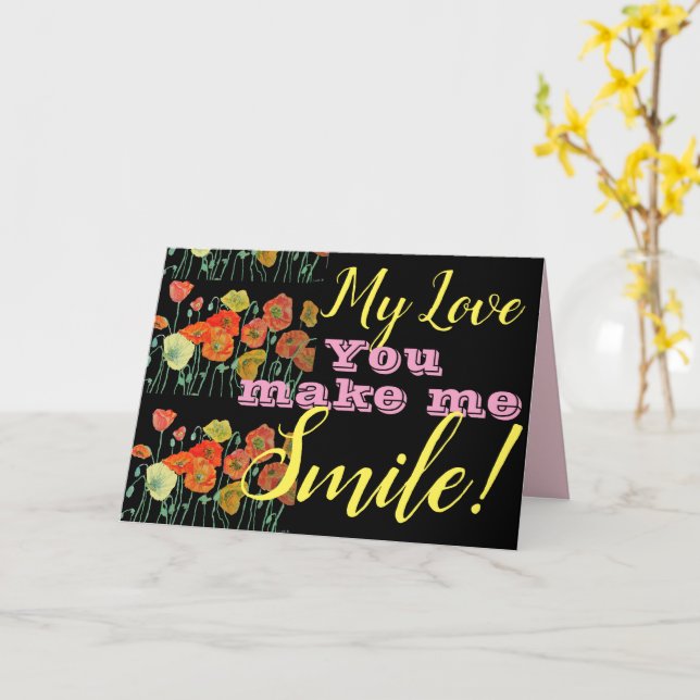 Orange Black Poppy You Make Me Smile Birthday Card (Yellow Flower)