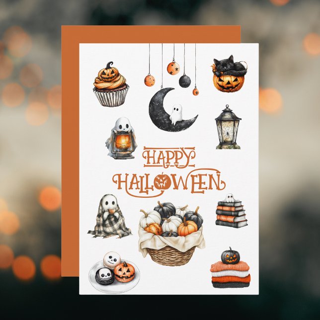 Orange Black Pumpkins Ghosts Happy Halloween Holiday Card (Creator Uploaded)