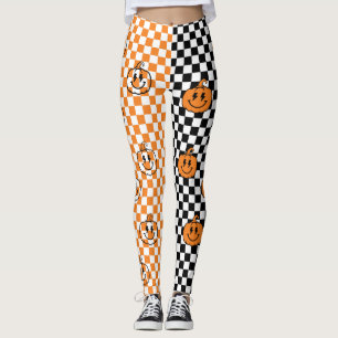 Orange Black Retro Rad Pumpkin Checkered Halloween Leggings