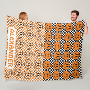Orange Black Retro Rad Pumpkin Chequered Halloween Fleece Blanket
