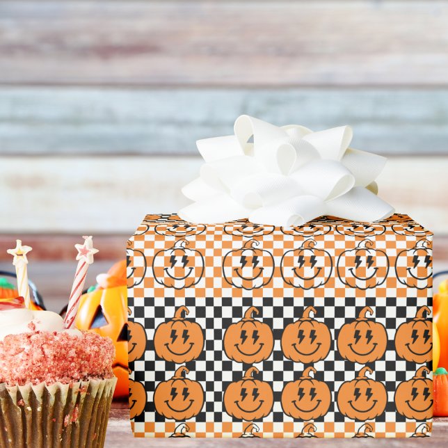 Orange Black Retro Rad Pumpkin Chequered Halloween Wrapping Paper (Creator Uploaded)