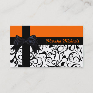 Orange black ribbon damask custom business cards