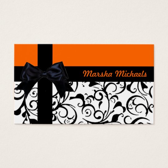 Orange black ribbon damask custom business cards