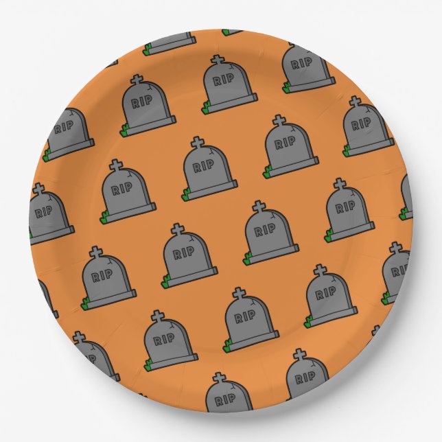 Orange Black RIP Pattern Halloween Party Paper Plate (Front)
