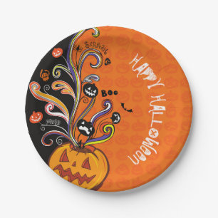 Orange Black Scary Pumpkin Halloween Party Paper Plate
