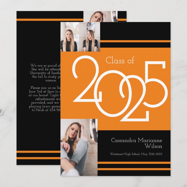 Orange Black School Colour Graduation Announcement (Front/Back)