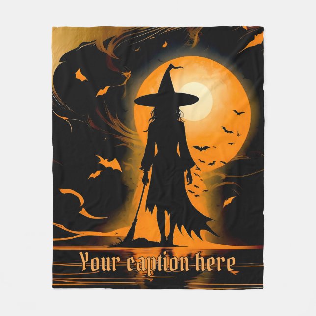 Orange, black, silhouette witch, custom caption fleece blanket (Front)
