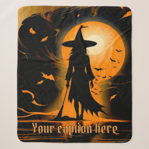 Orange, black, silhouette witch, custom caption sherpa blanket