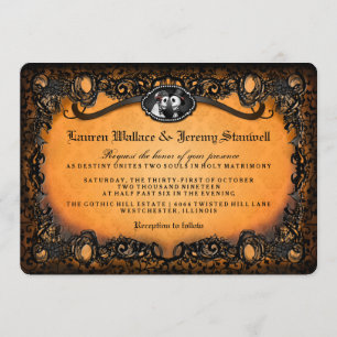 Orange Black Skeletons Halloween Wedding RECEPTION Invitation