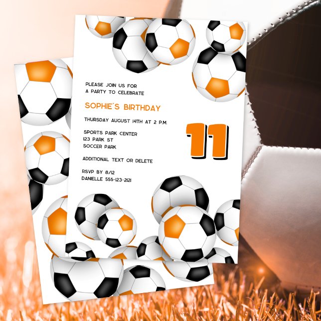 orange black soccer balls girls boys birthday invitation (Creator Uploaded)